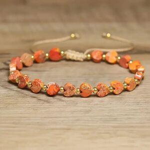 Natural Orange Heart Jasper Gemstone Beaded Bracelet Adjustble Boho Handmade New